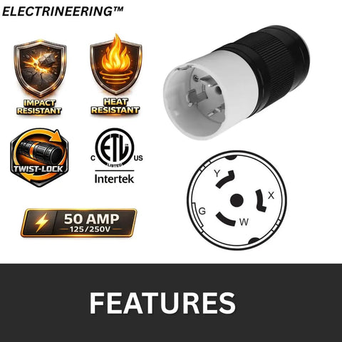 Beefy 50A 125 To 250V Twist Lock Plug CS6365C SS2-50P ETL For Generator Cords RV Shore Power Marine Applications Transfer Switches And Replacement Cables Now, 50A nylon body