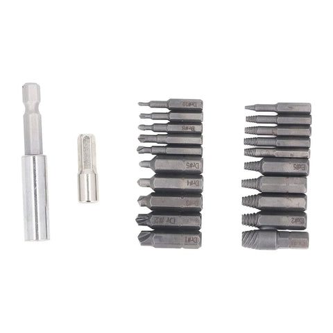 Get Your Hands On This 22-Piece Broken Bolt Remover Kit Made From Tough High-Speed Steel To Easily Extract Stuck Stripped Screws And Nuts With Built-In Drill Bit Holders For Serious Home And Auto Jobs, HSS extractor bits shown