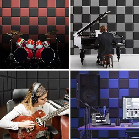 Solid Soundproof Foam Panels For Home Studio Acoustic Wall Tiles With Beveled Wedge Design on music studio walls with instruments.