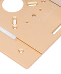 Close-up of Beefy Aluminum Router Lift System With Stainless Steel Build and 47 Millimeter Rock Solid Precision in matte gold.