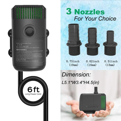Knifel Submersible Pump, 880 GPH (3500 L/H), black with 6 ft cord and three nozzle adapters