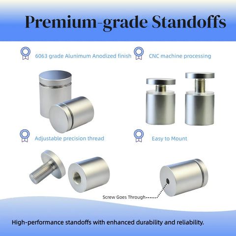 Dead Simple To Install, Rock Solid Aluminum Wall Spacers And Standoff Screws For Acrylic Signs, sleek black aluminum standoffs with adjustable threads.