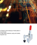 Beefy And Reliable Heavy Duty Toggle Clamp Quick Release Vertical Clamp With Holding Capacity Of 100 Kilograms For Woodworking Jigs And Fixtures shown against tech background, red handle, solid iron metal.
