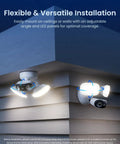 Mounted Beefy 4K Floodlight Camera With 180 Degree Panoramic View Wired 3000 Lumen Outdoor Security on building corner
