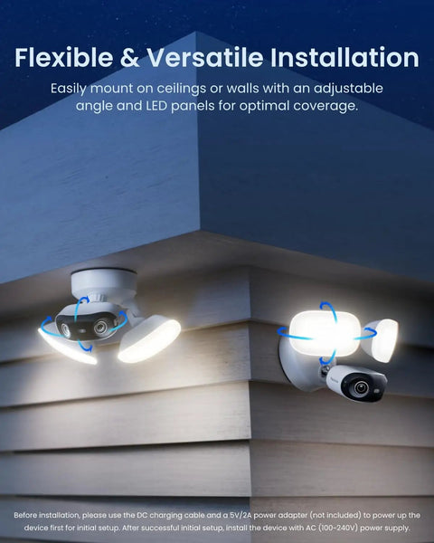 Mounted Beefy 4K Floodlight Camera With 180 Degree Panoramic View Wired 3000 Lumen Outdoor Security on building corner