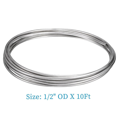 Stainless steel tubing coil, 1/2 in outer diameter, 10 ft length.