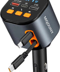 5 In 1 Fast Car Charger With 90W PD Power Retractable USB C And USB A Cables, digital display, shown with retractable cords.