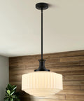 puncoll 13.8‘’ Vintage Milk Glass Pendant Light Kitchen Island, ribbed milk glass shade with black rod in stylish interior.