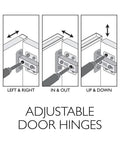 Diagram showing adjustable door hinges with options for left, right, in, out, up, and down adjustments for cabinets.