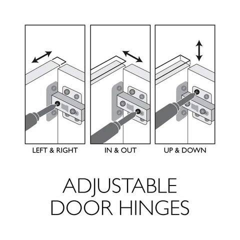 Diagram showing adjustable door hinges with options for left, right, in, out, up, and down adjustments for cabinets.
