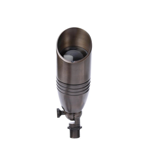 Close-up of a Six Pack 12V Brass Landscape Spotlight with Ground Stake, die-cast brass construction, no bulb, front view.