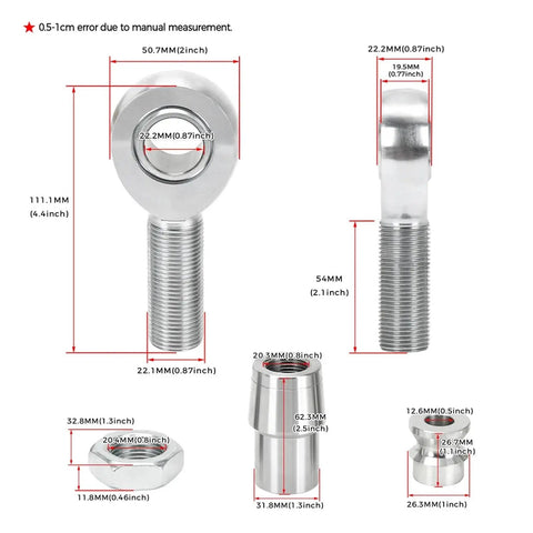 7/8 Inch Heim Joint Rod End Kit 2 Pack For Jeep Trucks And 4X4 Steering Suspension Systems showing detailed measurements and components.