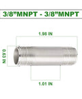 Stainless Steel 304 Nipple Pipe Fittings Three Eighths Inch Male NPT To Three Eighths Inch Male NPT Two Inch Length Corrosion Resistant