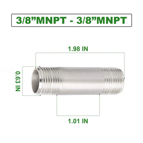 Stainless Steel 304 Nipple Pipe Fittings Three Eighths Inch Male NPT To Three Eighths Inch Male NPT Two Inch Length Corrosion Resistant
