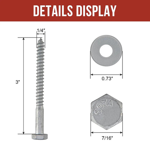 Wood Lag Bolts For Outdoor DIY Projects Quarter Inch By Three Inch 100 Count With Flat Washers Heavy Duty Outdoor Grade Hex Head