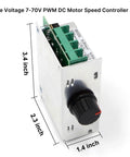 Heavy Duty 7 To 70 Volt 30 Amp Pwm Dc Motor Speed Controller For Brushed Motors displayed with size dimensions and knob detail.