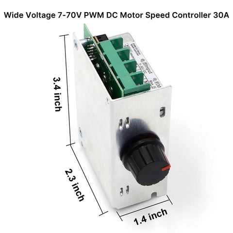 Heavy Duty 7 To 70 Volt 30 Amp Pwm Dc Motor Speed Controller For Brushed Motors displayed with size dimensions and knob detail.