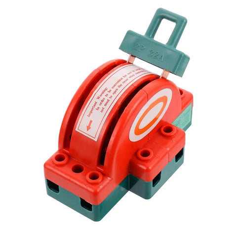 Visible Disconnect Knife Switch 32A 220V DPDT two pole power isolation for industrial panels, red and green plastic design.