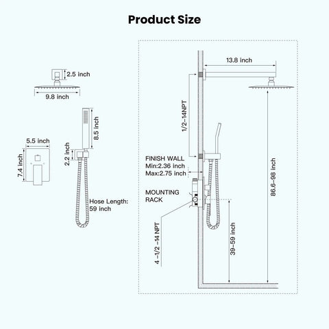 Diagram of Rainfall Shower System With 10 Inch Square Shower Head And Handheld Spray, High Pressure Chrome Faucet Set, dimensions included.