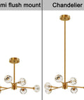 Brass Sputnik Crystal Ball Ceiling Light, Semi Flush Mount and Chandelier, Adjustable Rod 6 To 54 Inches, Polished Gold Finish