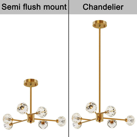 Brass Sputnik Crystal Ball Ceiling Light, Semi Flush Mount and Chandelier, Adjustable Rod 6 To 54 Inches, Polished Gold Finish