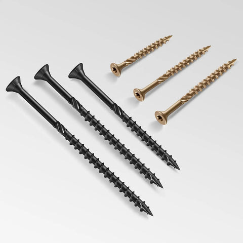 Top Shelf One Inch Exterior Deck Screws Bronze Epoxy Coated Rust Resistant Torx Drive Heavy Duty Wood Fasteners For Outdoor Fencing Timber Builds Hella Strong 190 Piece Hardware Kit showing black and bronze screws.