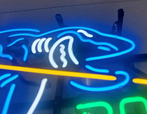 Close-up of a Hand Crafted Glass Tube Neon Sign For Beer Bar, 17 Inch Wide By 13 Inch High, showing blue and white neon shark design.