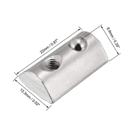 Roll-In Spring M4 T Nut for 4040 Aluminum Extrusion, Ball-Driven Elastic T-Slot Nut for 8mm Groove Depth, nickel-plated steel