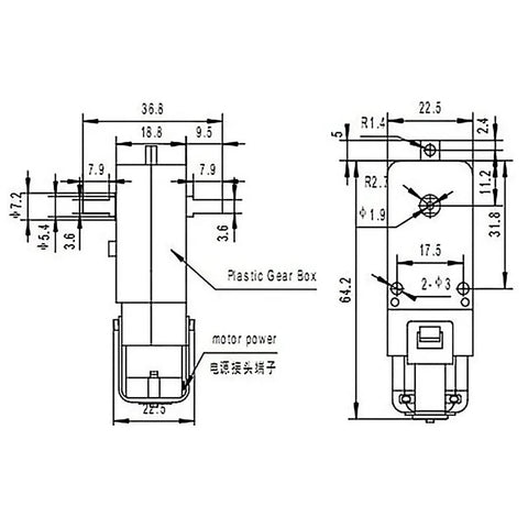 Technical diagram of Four Pack TT Motors With 1 To 48 Gearbox, 3-6V DC, 200 RPM, showing dimensions and components.