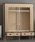 Heavy Duty Canvas Wardrobe Stack With Metal Hanging Rail And Deep Shelves, freestanding beige fabric closet with drawers.