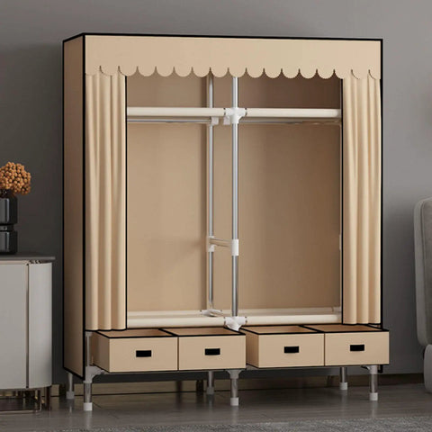 Heavy Duty Canvas Wardrobe Stack With Metal Hanging Rail And Deep Shelves, freestanding beige fabric closet with drawers.