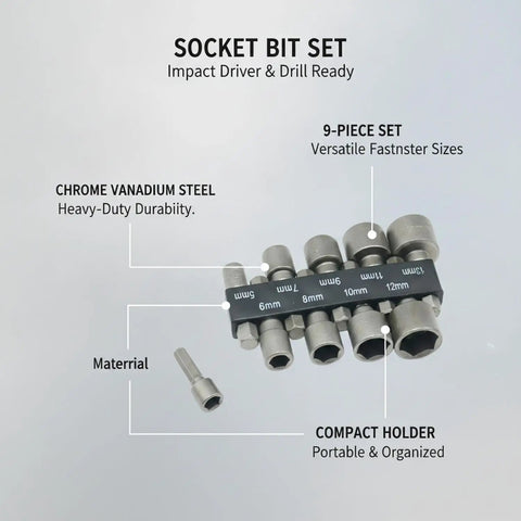 Genuine 9-Piece Drive Socket Set Made From Heavy Duty Chrome Vanadium Steel Bits Perfect For Impact Drivers And Drills To Handle High Torque Automotive Repairs Plus Appliance Maintenance With Durable Black Finish That Stays Tough Through Rough Jobs. 9-piece chrome vanadium socket bit set with 6mm-12mm holder