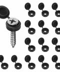 Plastic Hinged Screw Cover Caps 3.1 Millimeter Inner Diameter 0.12 Inch Shutter Caps Fold Snap Washer Covers For Windows Exterior Railings And Furniture Black displayed with screws.