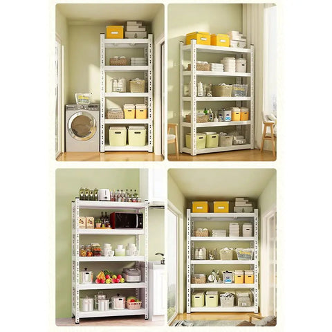 Workhorse 5 Tier Heavy Duty Metal Wire Shelving Rack With Adjustable Heights Supporting 200 Pounds Per Shelf for Rough Garage Tasks and Smooth Kitchen Organization Setup in Basement or Warehouse filled with bins and kitchen items.