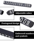 Price Display Cube Tags Set 50 With Adjustable Stand showcasing pentagonal design with embossed numbers and symbols.
