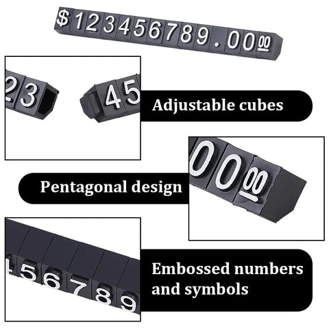 Price Display Cube Tags Set 50 With Adjustable Stand showcasing pentagonal design with embossed numbers and symbols.