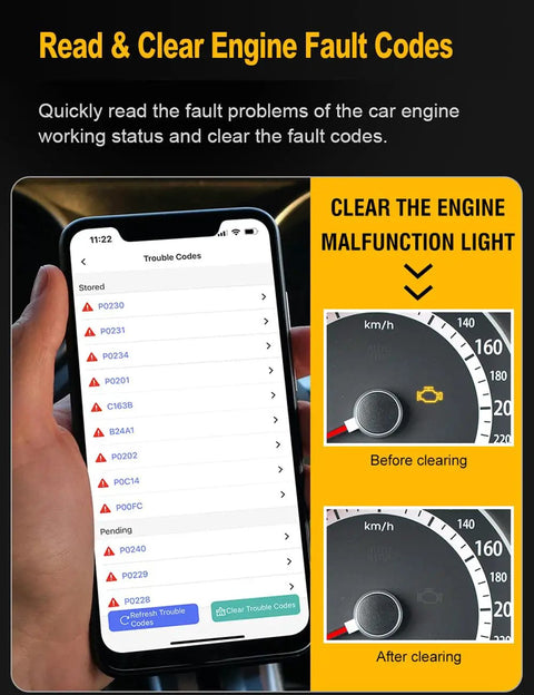 Illustration of OBD2 Bluetooth Diagnostic Scanner for iPhone and Android Real Time Vehicle Health Check Clear Error Codes OBDII Code Reader showing engine codes list and dashboard before and after clearing errors.