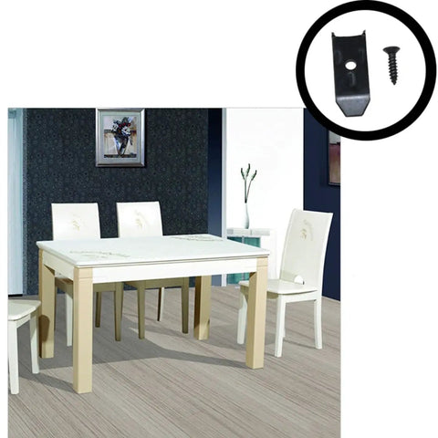 Premium Table Leaf Leveler Straps With Horizontal Bolt Buckle Extending Cabinet Tops Tough As Nails Zinc Plated Carbon Steel Fasteners 10 Pack Black shown on a dining table.