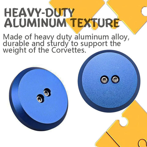 Blue Aluminum Jack Pad Adapters With Bulletproof Build And Drop Dead Simple Fitment Safeguards Factory Frame Racks From Gouges For Porsche Chevy Corvette C6 C7 Four Pack on white background.