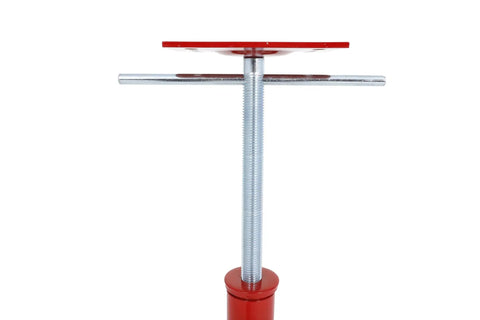 Close-up of Real Deal Heavy Duty Adjustable House Floor Jacks Rated At 17500 Lbs, steel screw support props for leveling.