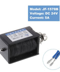 DC 24V 5A Solenoid Electromagnet With Push Pull Type For Precise Linear Motion, 50N Holding And Push Force, 15mm Stroke, Open Frame Actuator, Ideal For Vending Machines, Automation, JF-1578B Magnet close-up with wires