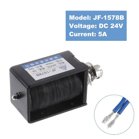 DC 24V 5A Solenoid Electromagnet With Push Pull Type For Precise Linear Motion, 50N Holding And Push Force, 15mm Stroke, Open Frame Actuator, Ideal For Vending Machines, Automation, JF-1578B Magnet close-up with wires