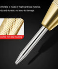 Close-up view of Heavy Duty Spring Loaded Center Punch With Protective Cap showing gold knurled grip and sharp tip for precision marking.