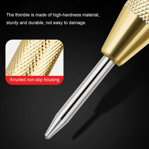 Close-up view of Heavy Duty Spring Loaded Center Punch With Protective Cap showing gold knurled grip and sharp tip for precision marking.
