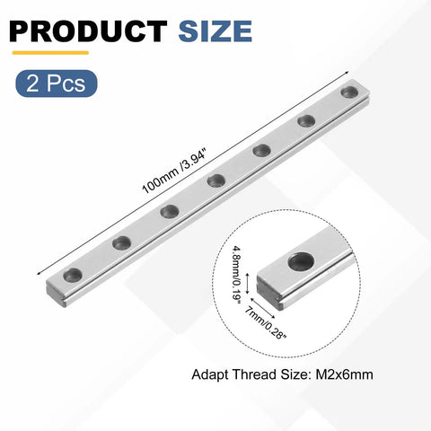 Image showing Two Pack 100mm MGN7 Linear Sliding Rail Guide in Bearing Steel with dimensions and thread size details.