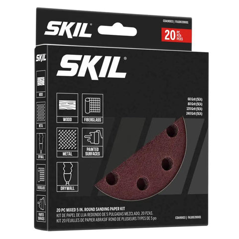 Packaging of Pro Grade Mixed 5 Inch Round Sanding Discs Kit with 60 80 120 240 Grits for wood, metal, drywall, and paint.