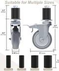 Heavy Duty Prep Table Rollers Set Three Inch Expanding Stem Casters With Brakes showing dimensions and fit for different tube legs sizes.