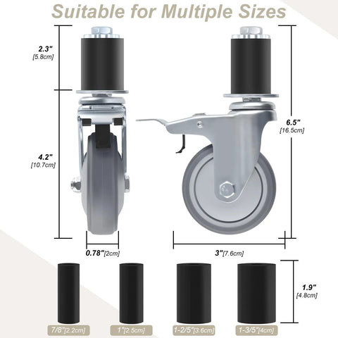 Heavy Duty Prep Table Rollers Set Three Inch Expanding Stem Casters With Brakes showing dimensions and fit for different tube legs sizes.