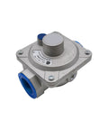 Natural gas pressure regulator, angled top view, 1" inlet/outlet, blue 3/4" FPT connections, Amazon brand