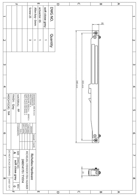 Technical drawing of one way soft close mechanism for sliding door system with flat bar track in black finish, dimensions visible.